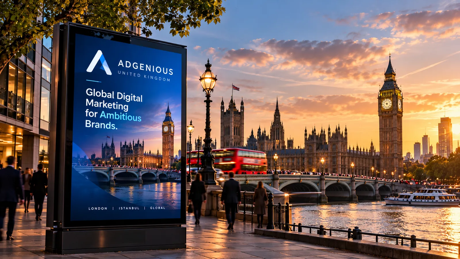 Londra şehir manzarası ve Adgenious reklam panosu (konsept görsel)